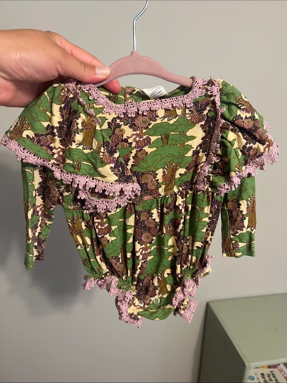 kate quinn Green Floral Romper with Pink Lace Trim